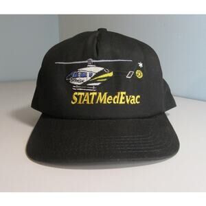 Vintage Helicopter Logo STAT MedEvac Black Embroidered Trucker Hat Made In USA